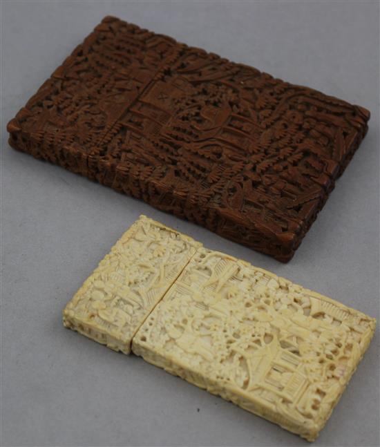 A Chinese sandalwood card case and an ivory card case, 19th century, 11cm and 8.5cm